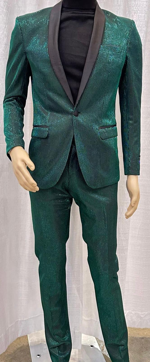 Men's emerald green tuxedo suit with shiny stripes. Slim-fit, satin lapel. Two-piece set: dinner jacket & pants, both with striped pattern.
