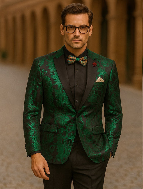 Emerald Green Paisley Tuxedo Suit - Prom Floral Tuxedo Suit - Groom Wedding Suit