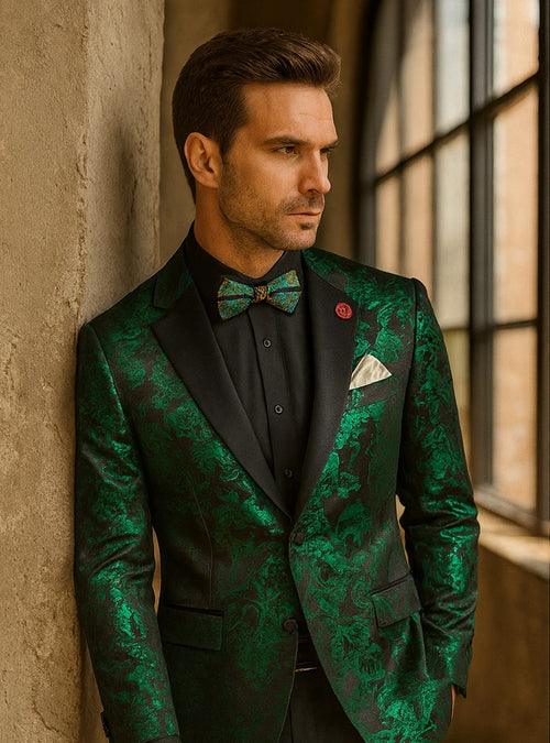 Emerald Green Paisley Tuxedo Suit - Prom Floral Tuxedo Suit - Groom Wedding Suit