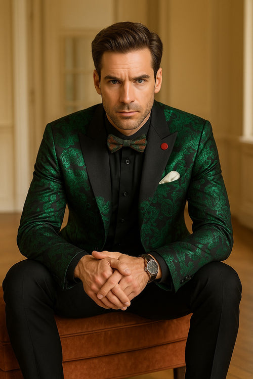 Emerald Green Paisley Tuxedo Suit - Prom Floral Tuxedo Suit - Groom Wedding Suit