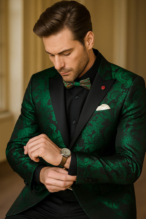 Emerald Green Paisley Tuxedo Suit - Prom Floral Tuxedo Suit - Groom Wedding Suit