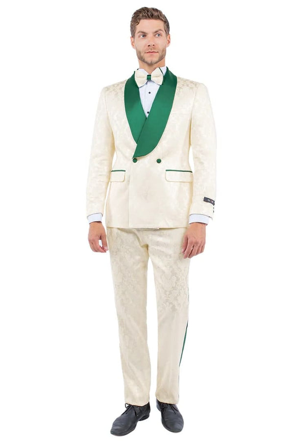 Dark Green Tuxedo - Men's Slim Fit Double Breasted Paisley Smoking Jacket Prom & Wedding Ivory and Emerald Green Tuxedo