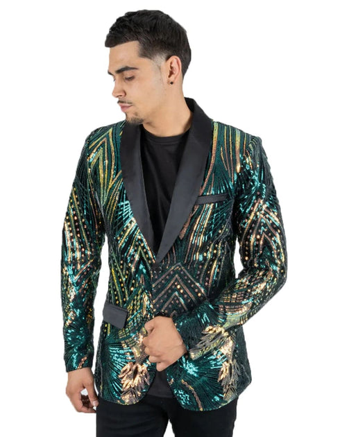 Mens Emerald Green & Gold Linear Sequin Prom Shawl lapel Blazer Tuxedo