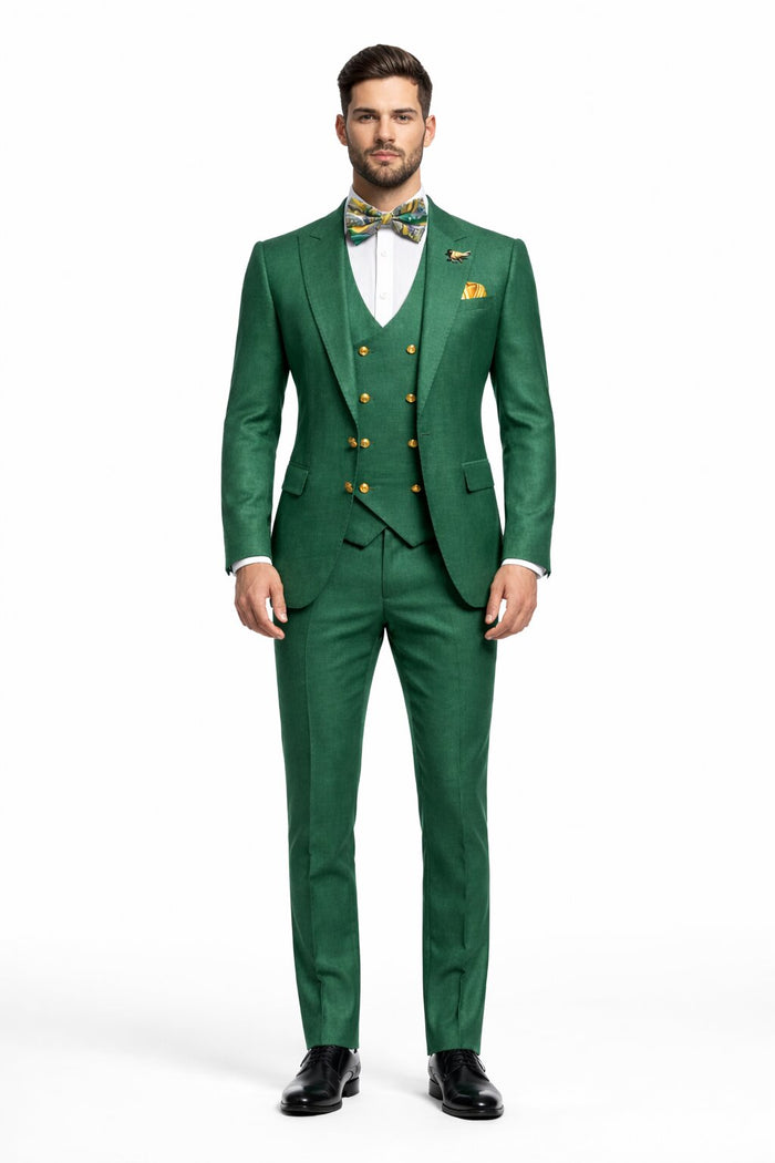 SKU#JA61583 Emerald Green and Gold Tuxedo Suit
