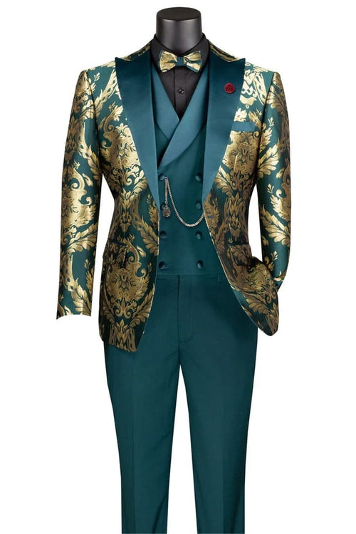 Dark Green Tuxedo - Men's Shiny Paisley Jacquard Vested Wedding Emerald green Prom Tuxedo