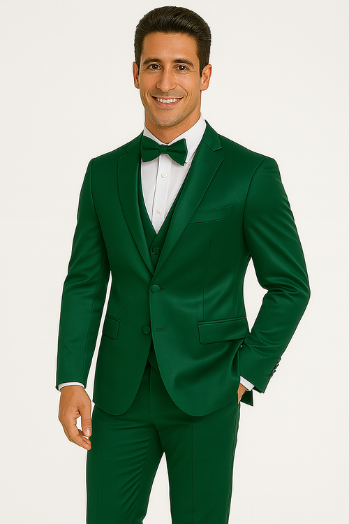 Emerald green tuxedo set: fitted blazer with peak lapels, matching vest, and slim-fit trousers. Two-button jacket, vest with button-down front. Smooth, slightly shiny fabric enhances color. Includes white dress shirt & bow tie.

