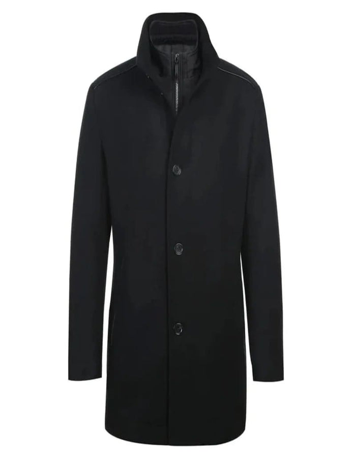 Mens Black Overcoat - Black Slim Fit Wool Blend Short Coat with Detachable Full Zipper