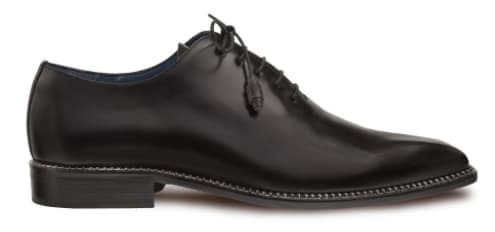 Mezlan's Enterprise balmoral: sleek black calfskin with elongated silhouette, rounded toe, and stacked heel. Features traditional lacing, subtle stitching, and a contrasting blue interior lining.
