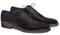 Mezlan's Enterprise balmoral: sleek black calfskin. Elongated shape, smooth, shiny leather. Lace-up with six eyelets, stitched welt. Pointed toe, low stacked heel. Blue lining.
