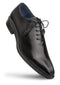 Black calfskin balmoral with pointed toe and six eyelets. Smooth black upper, contrasting blue lining. Thin welt detail, leather outsole. Streamlined design.
