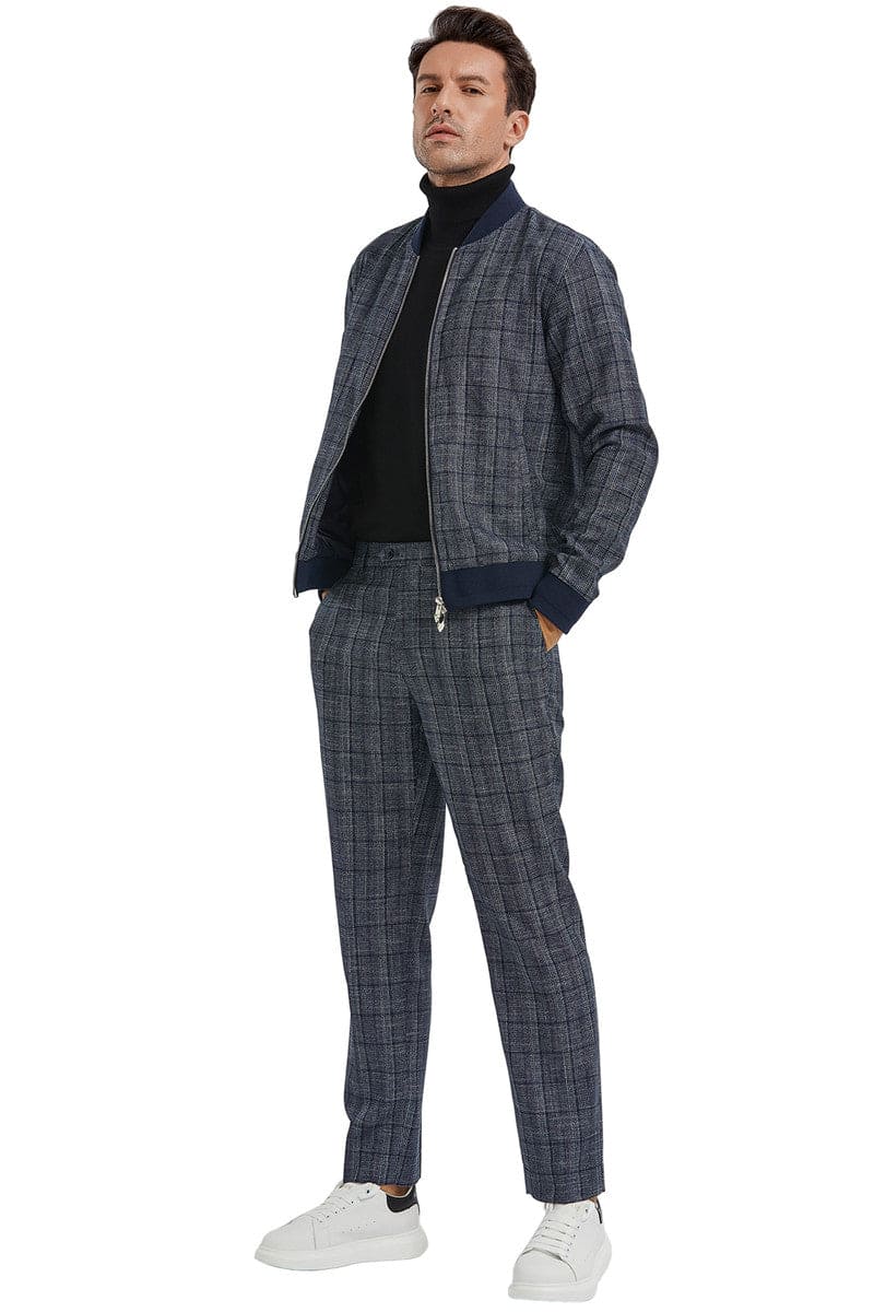 Plaid Men's Casual Track Suit - Navy Walking Jacket & Pant Set
