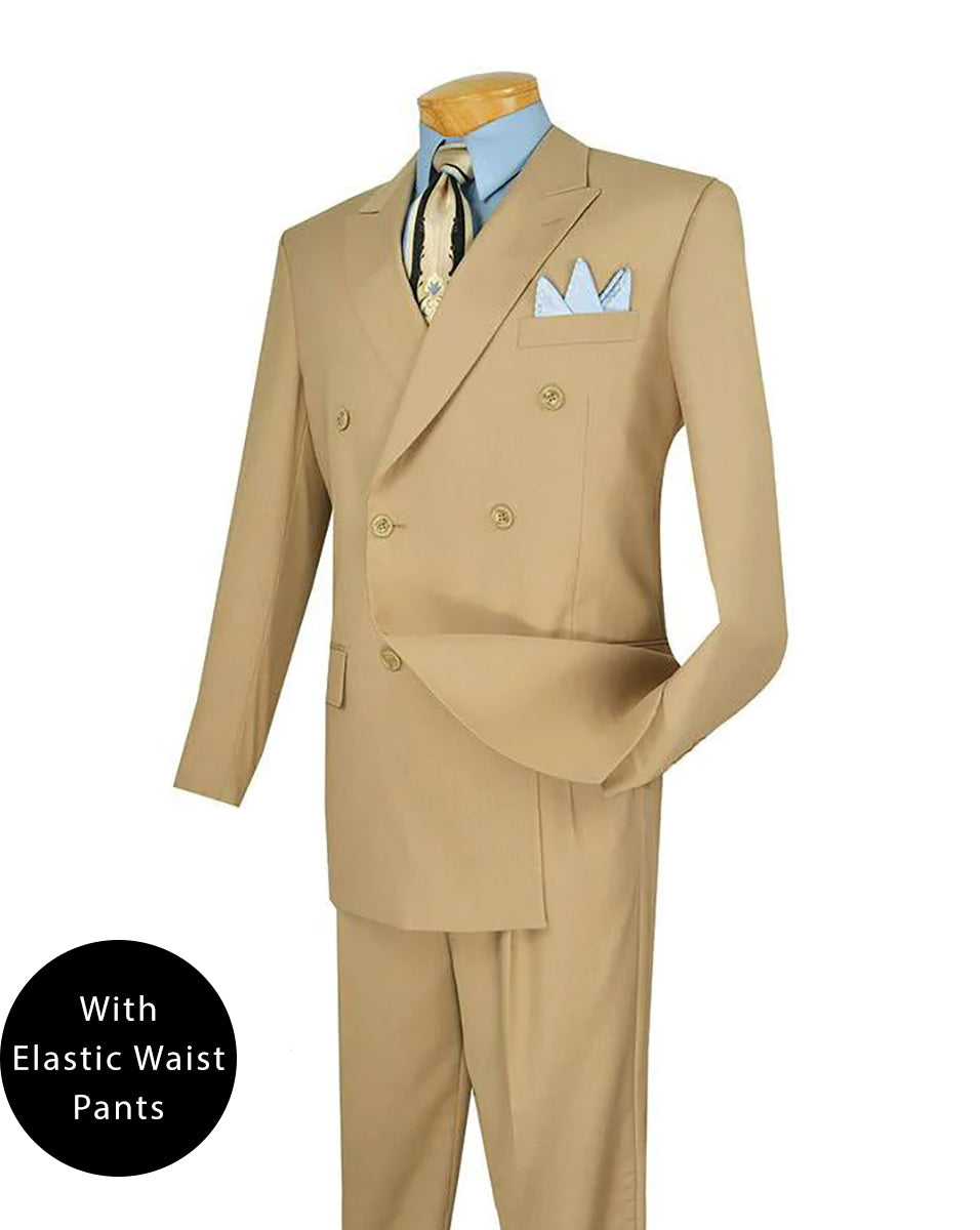 Beige Regular Fit Double Breasted 2 Piece Suit with Flexible Elastic Waistband