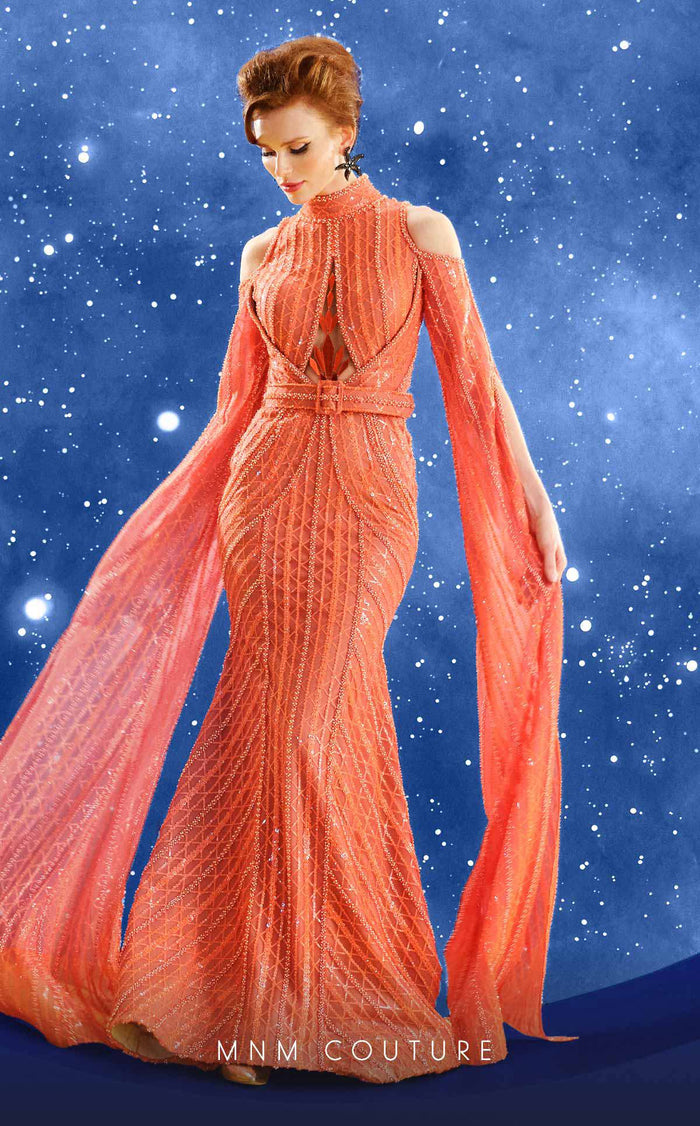 Fouad Sarkis Embroidered Mesh Gown with Cape Sleeves