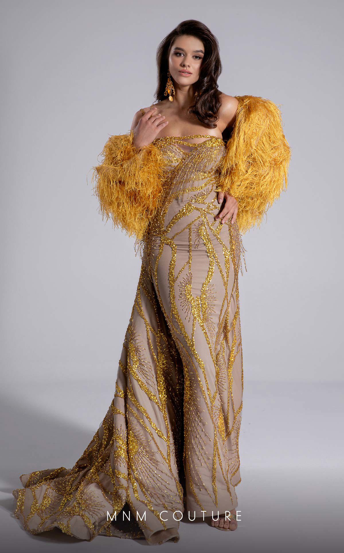Fouad Sarkis F02914 One-Shoulder Evening Gown in Gold