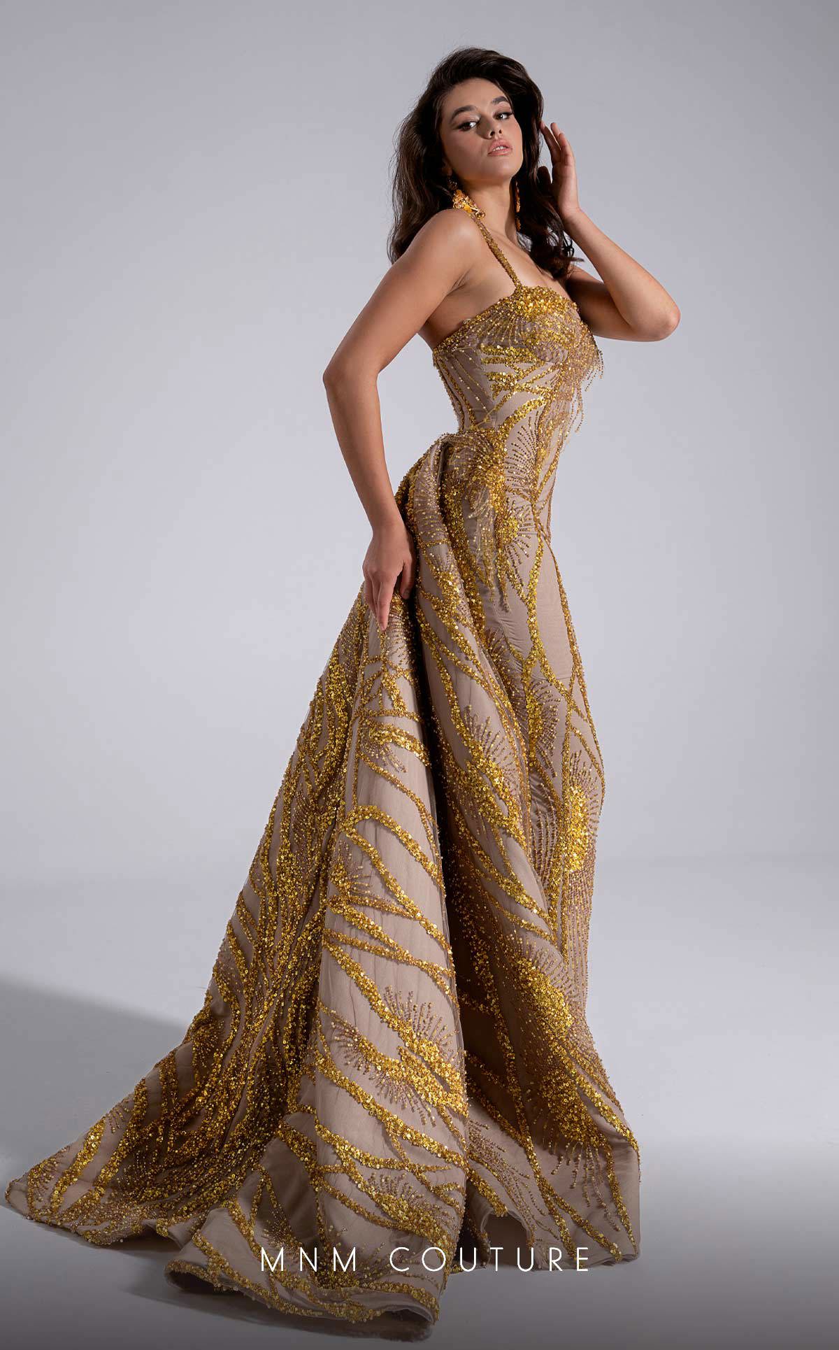 Fouad Sarkis F02914 One-Shoulder Evening Gown in Gold