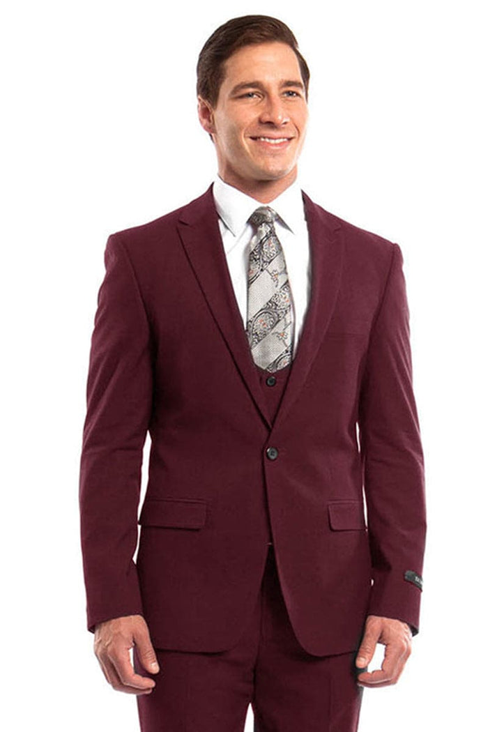 "Burgundy Men's Wedding & Prom 2026 Suit - One Button, Peak Lapel, Skinny Fit with Lowcut Vest"