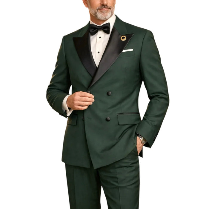 Mens Regular Fit Double Breasted Tuxedo with Satin Lapel and Bow Tie - Hunter Green