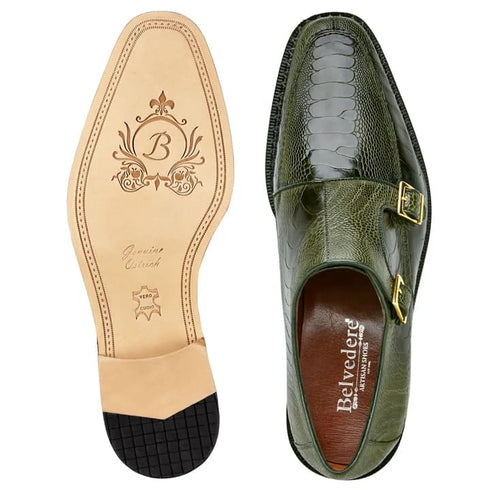 Men's Belvedere Valiente Ostrich Leg Double Monkstrap Dress Shoe In Forest Green