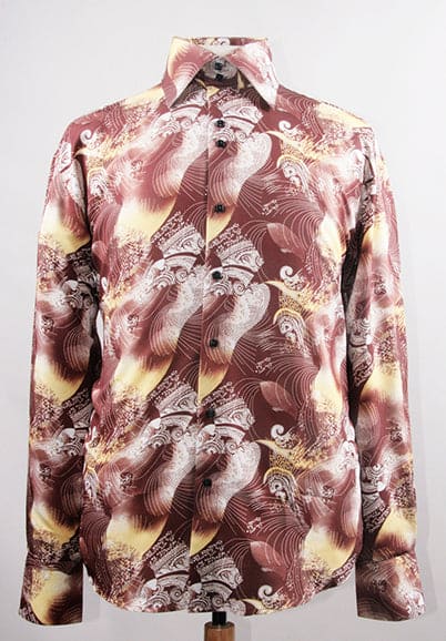 "Men's Regular Fit Sports Shirt - Fancy Japanese Wave Pattern, Brown"