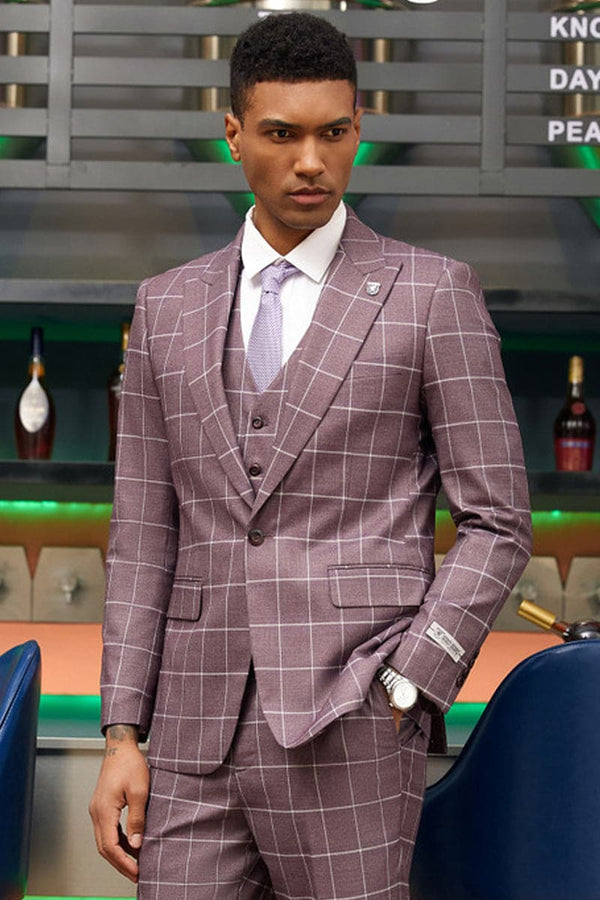 Mens Stacy Adams Suit - Stacy Adams Suit Men's Modern Fit Suit - One Button Vested in Lavender Plaid