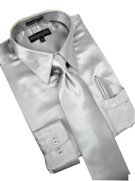 Fashion Sale Satin Silver Grey Dress Shirt Combinations Tie Hanky Set Men's Dress Shirt