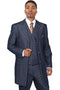 Men's blue denim zoot suit. Long vested jacket with 3-button closure, wide lapels, & orange stitching. Straight leg pants.