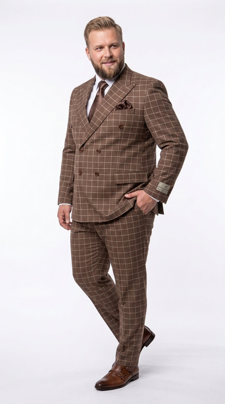Rossi Man Arthur RM2317 Men’s Brown Windowpane Double Breasted Suit, Formal Dress Suit