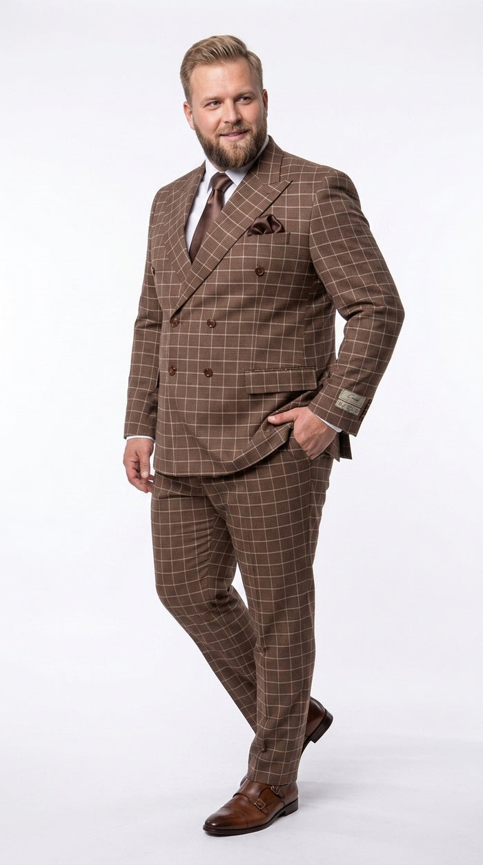 Rossi Man Arthur RM2317 Men’s Brown Windowpane Double Breasted Suit, Formal Dress Suit