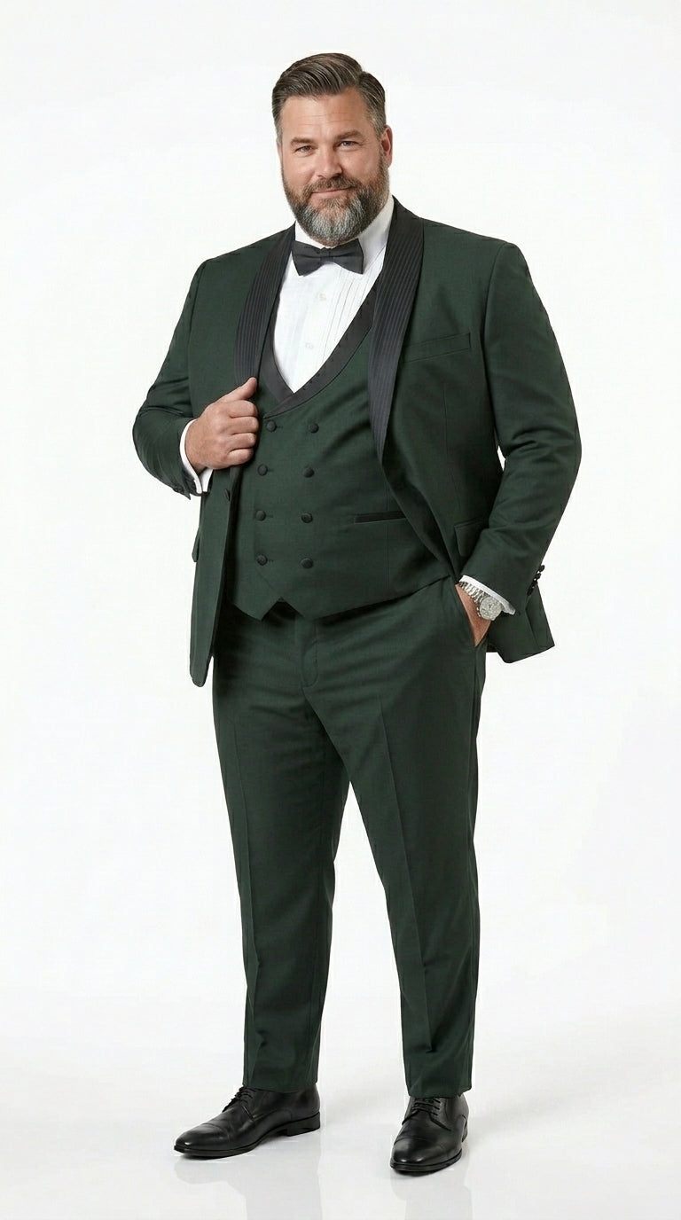 Men’s Hunter Green Vested Tuxedo Suit with Black Trim Shawl Lapel, Wedding Prom Formal Suit Set