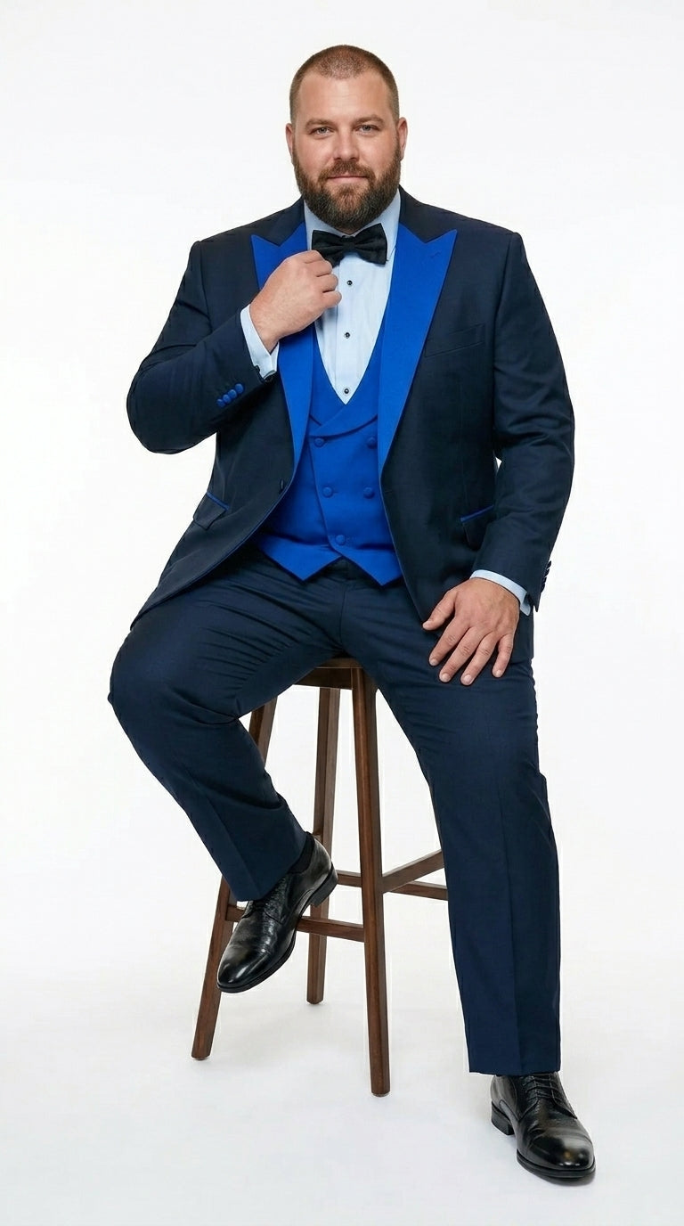 Men’s Black and Royal Blue 100% Wool Vested Tuxedo Suit with Peak Lapel, Wedding Prom Formal Suit Set