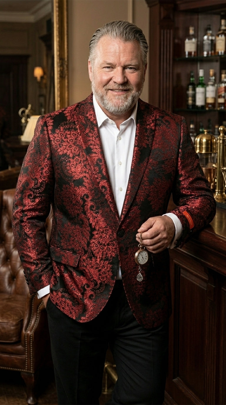 Men’s Red and Black Retro Paris Floral Suit, Designer Formal Wedding Prom Party Blazer Set