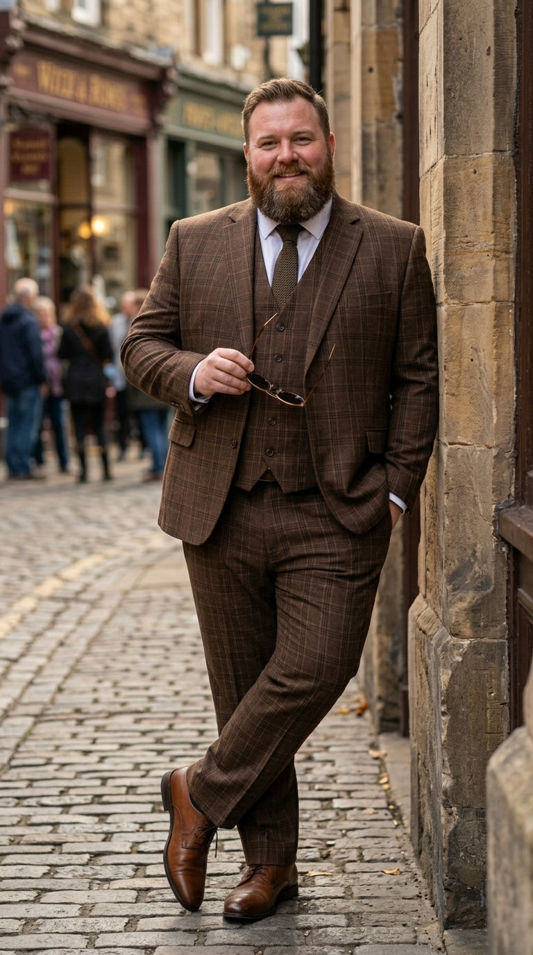 Men’s Brown Windowpane Plaid 3 Piece Suit, Classic Formal Wedding Business Dress Suit Set