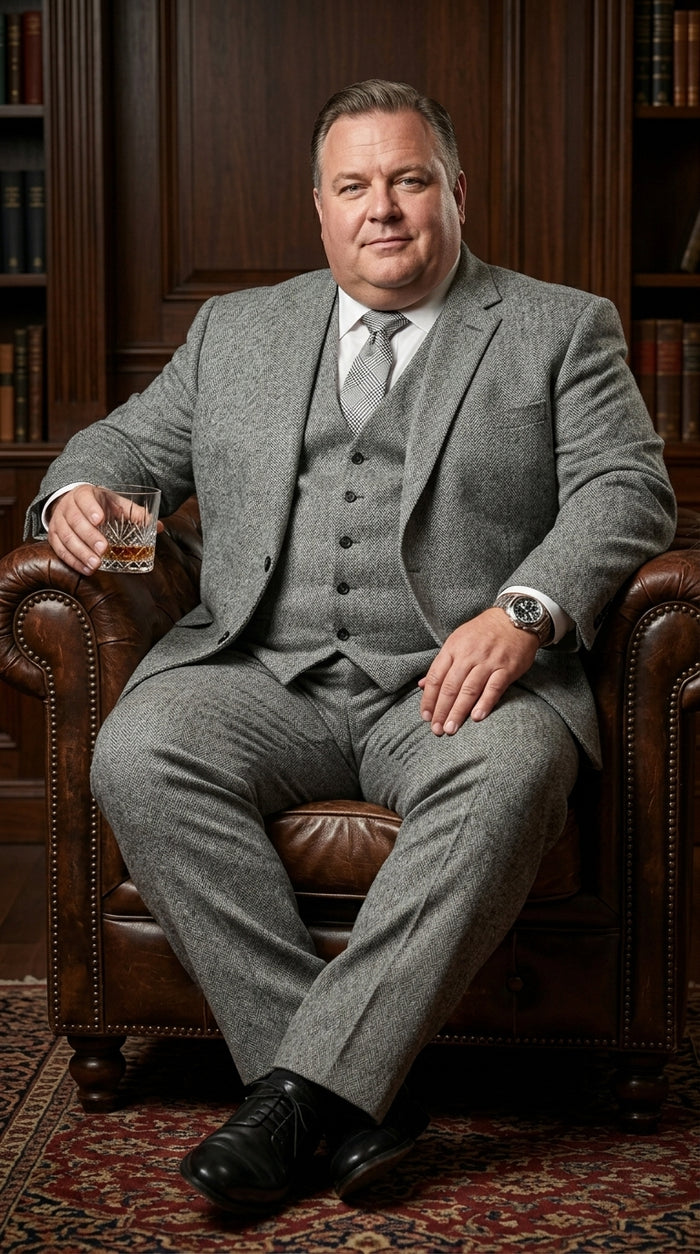 Mens Grey Tweed Three Piece Suit Vintage British Fabric Slim Fit Wedding & Business Wear