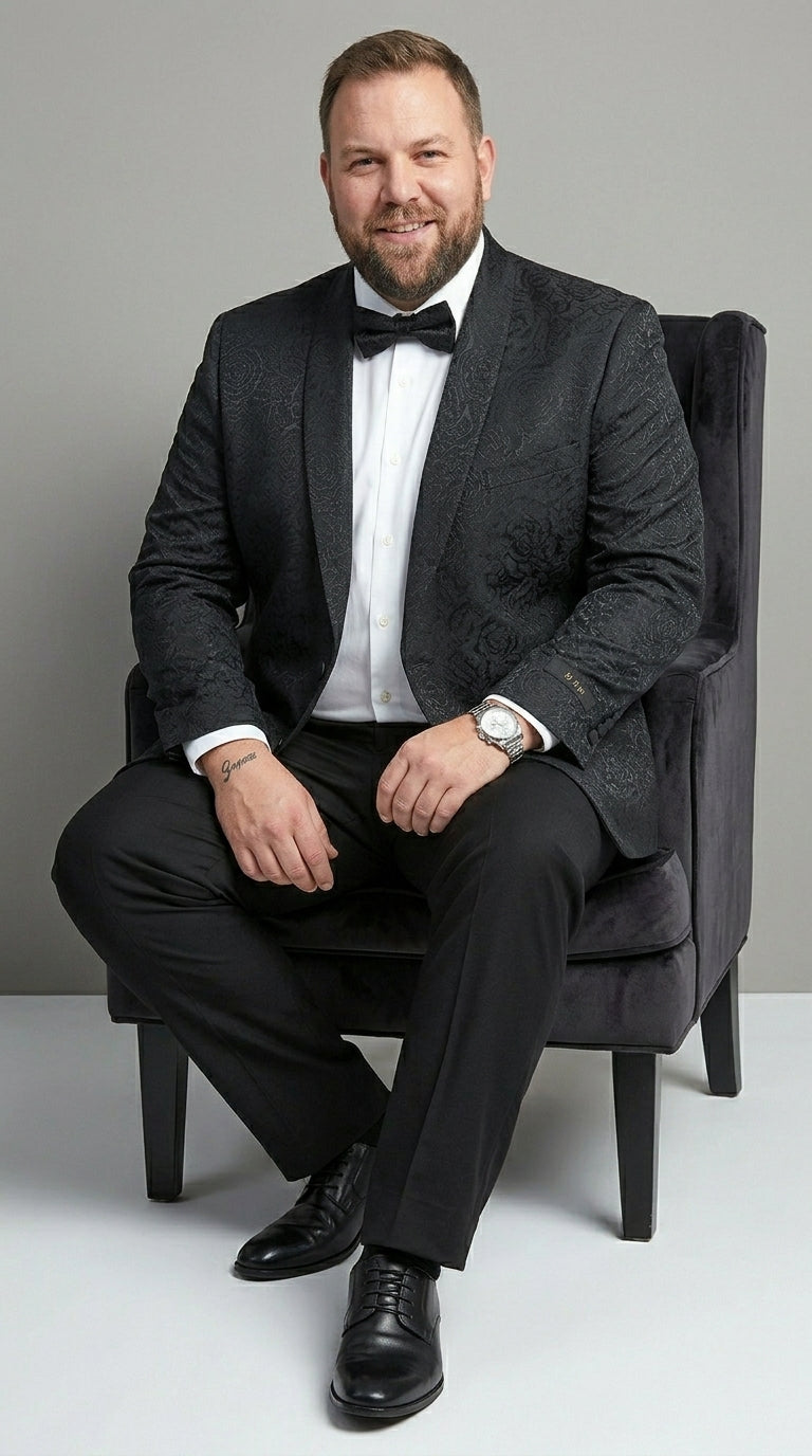 Men’s Black Floral Patterned Tuxedo Jacket, Formal Wedding Prom Dinner Blazer with Shawl Lapel