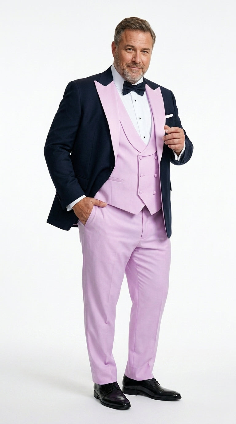 Men’s Black and Pink 100% Wool Vested Tuxedo, Peak Lapel Wedding Prom Formal Suit Set