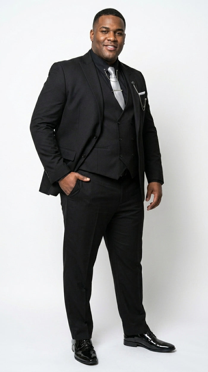 Men’s Black 3 Piece Suit with Double Breasted Vest, Formal Wedding Prom Business Dress Suit Set