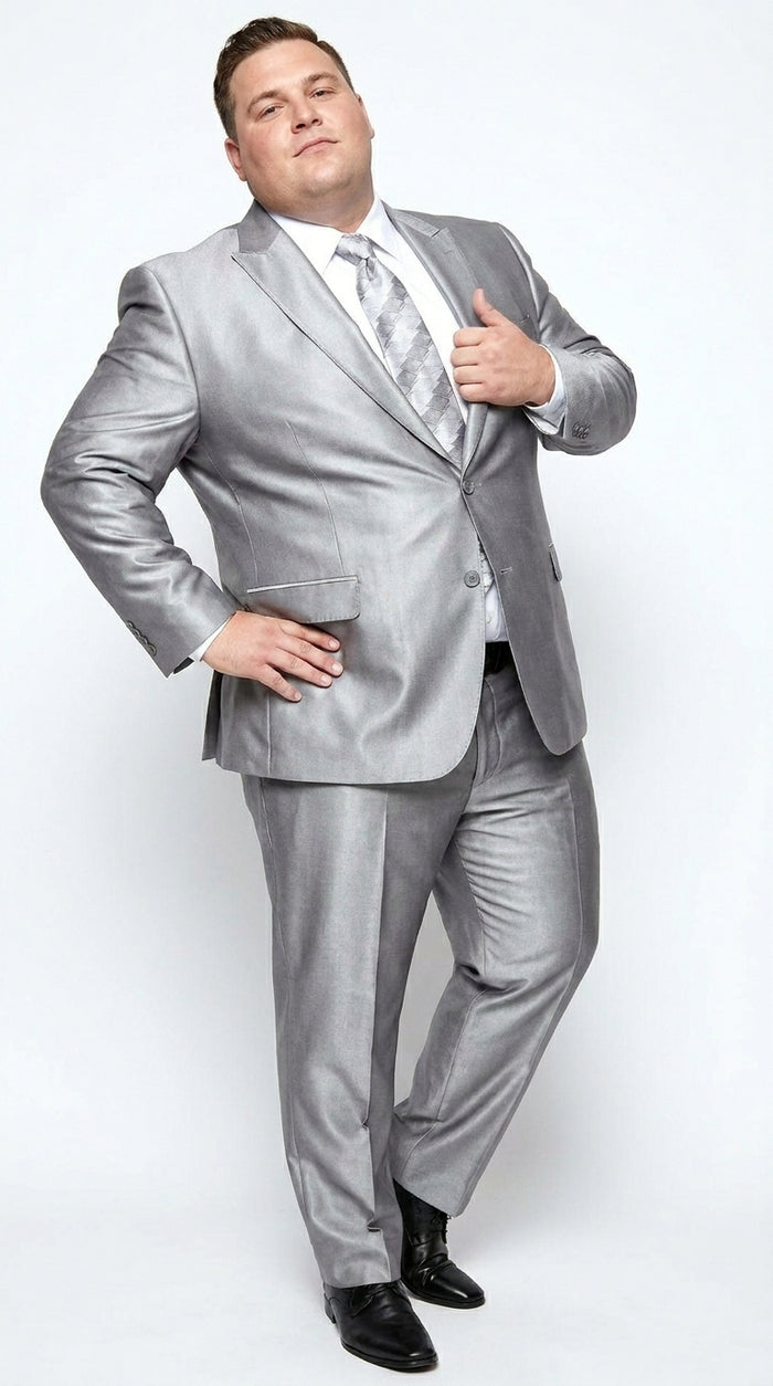 Men’s Silver Shiny Sharkskin 2 Button Suit, Peak Lapel Formal Wedding Prom Dress Suit Set