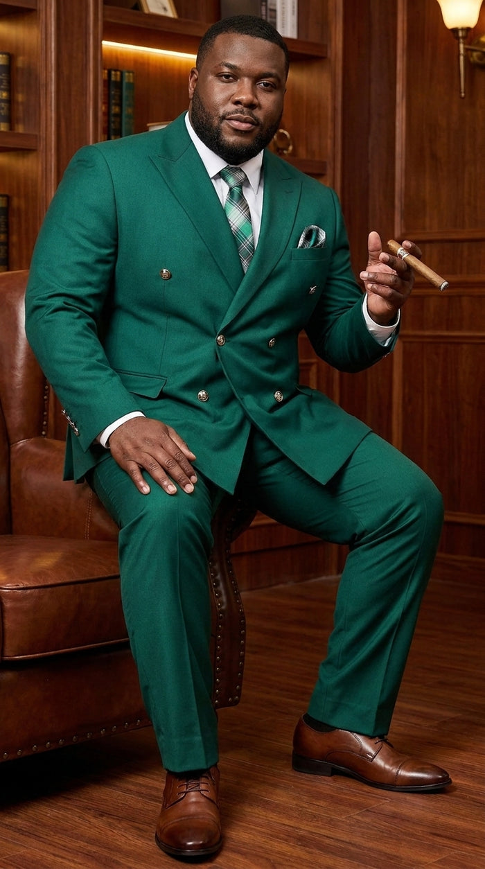 Men’s Hunter Green Double Breasted Wool Suit with Gold Buttons, Modern Fit Formal Wedding Suit