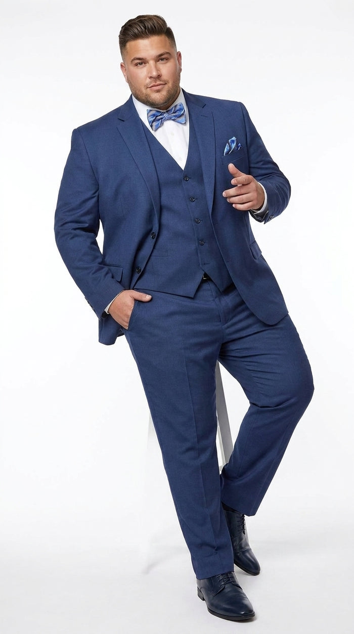 Men’s Big and Tall Indigo Blue 3 Piece Suit, Extra Long Modern Fit Wedding Business Formal Suit