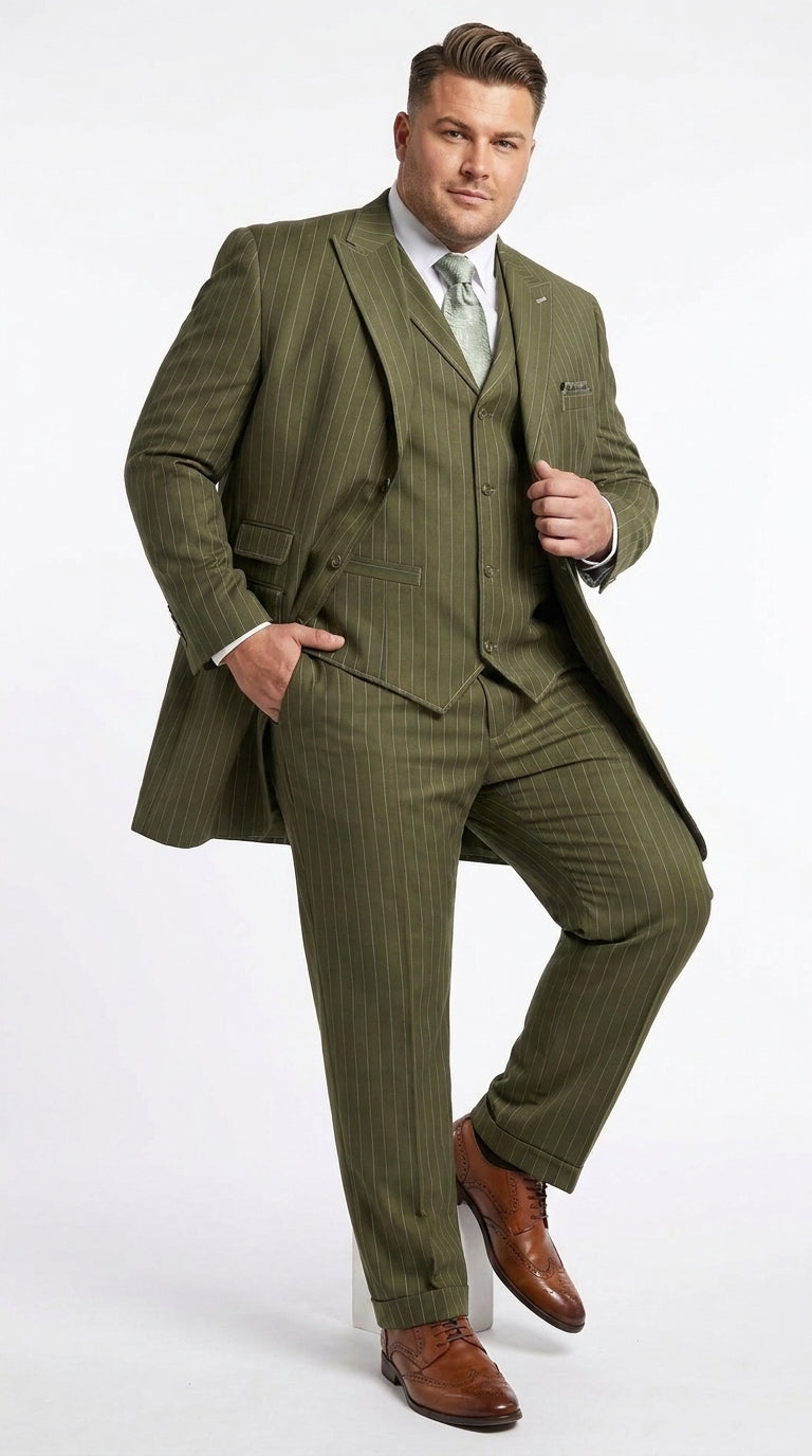 Men’s Big and Tall Olive Pinstripe 3 Piece Suit, Plus Size Long Jacket Formal Wedding Business Suit