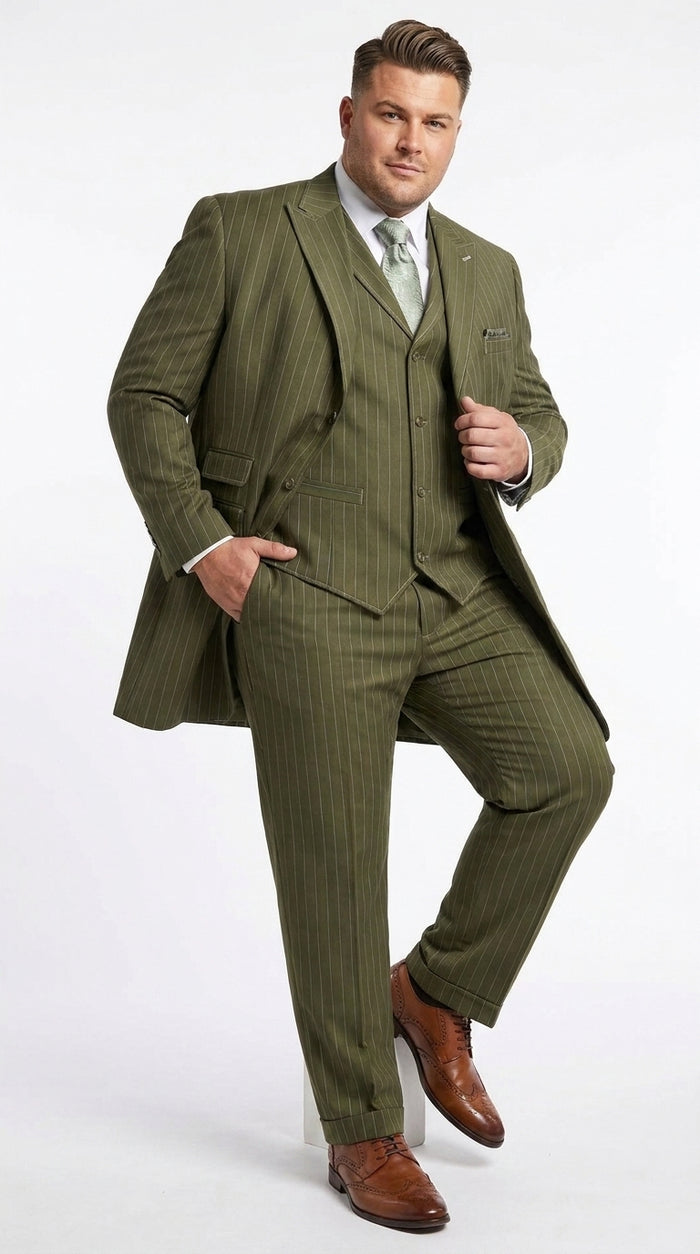 Men’s Big and Tall Olive Pinstripe 3 Piece Suit, Plus Size Long Jacket Formal Wedding Business Suit