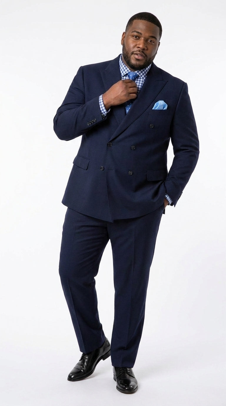 Apollo King Men’s Navy Blue 2 Piece Double Breasted Suit, Pleated Pants Formal Business Wedding Suit