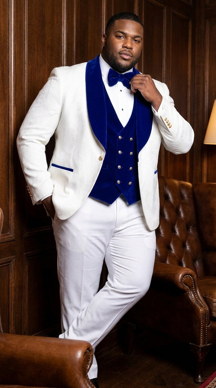 Men’s White and Royal Blue 3-Piece Tuxedo – Groom Wedding and Prom Suit with Velvet Shawl Lapel