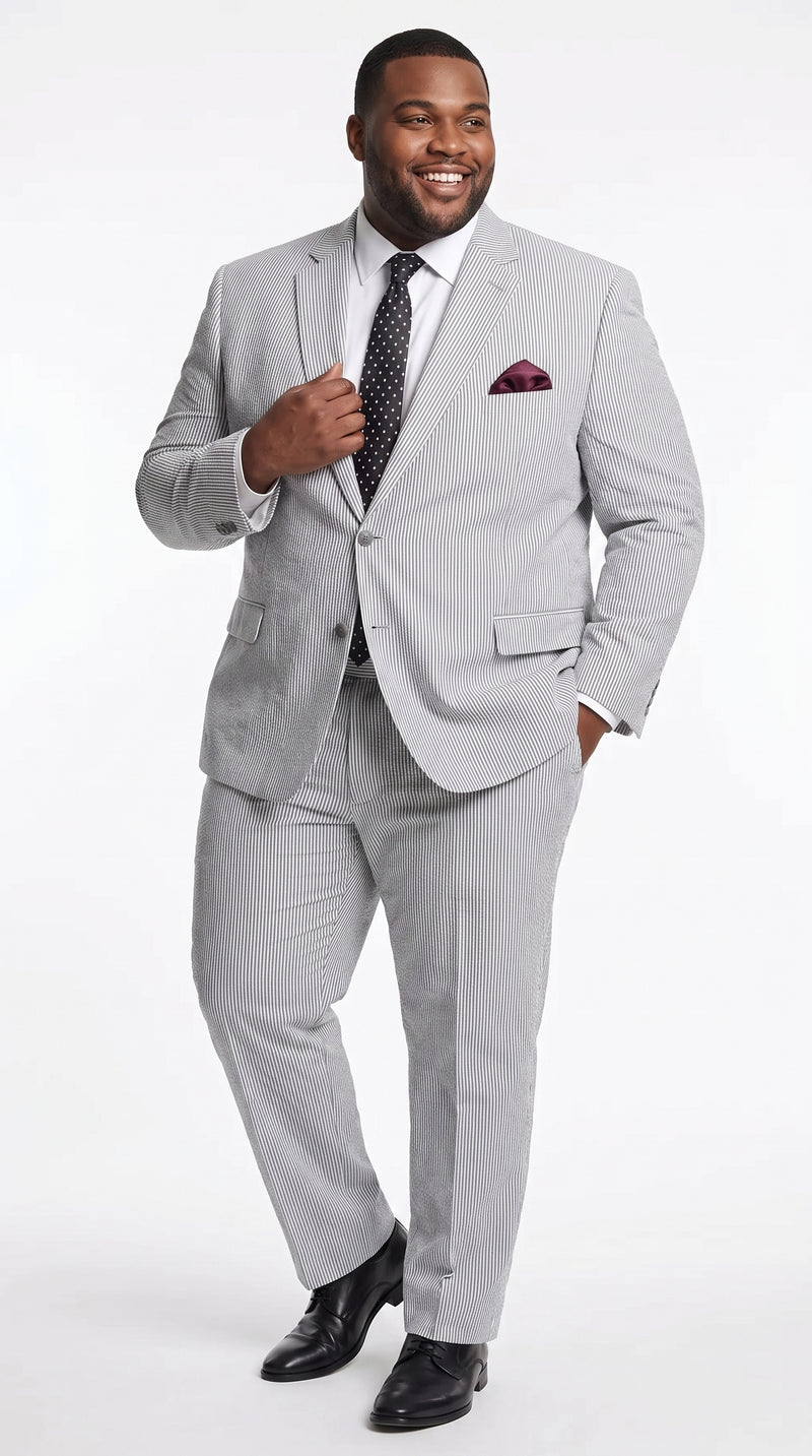 Men’s Black Pinstripe 2 Piece Seersucker Suit, Summer Modern Fit Dress Suit