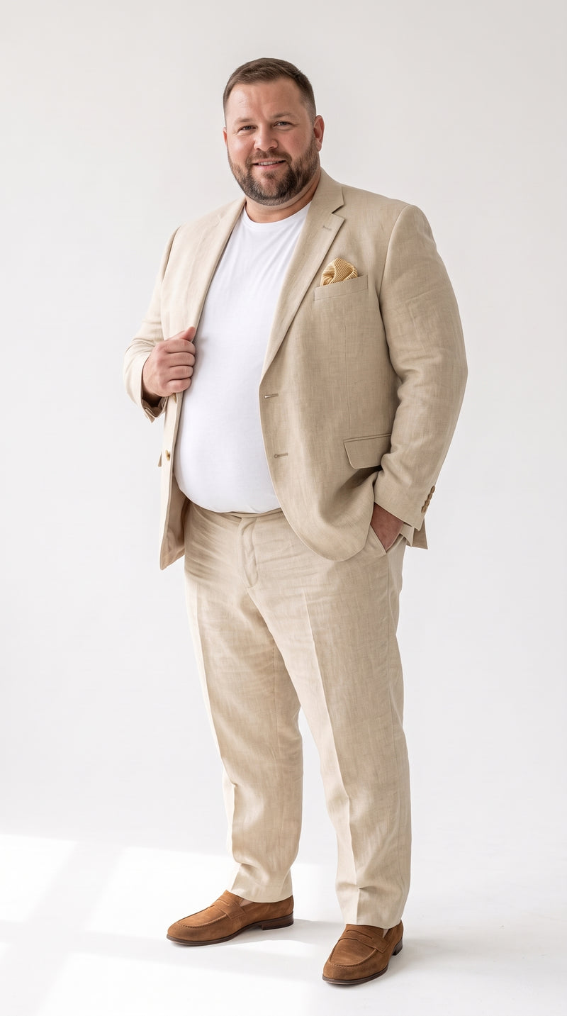 Men’s Tan Linen Blend 2 Piece Suit, Modern Fit Notch Lapel Summer Wedding Suit