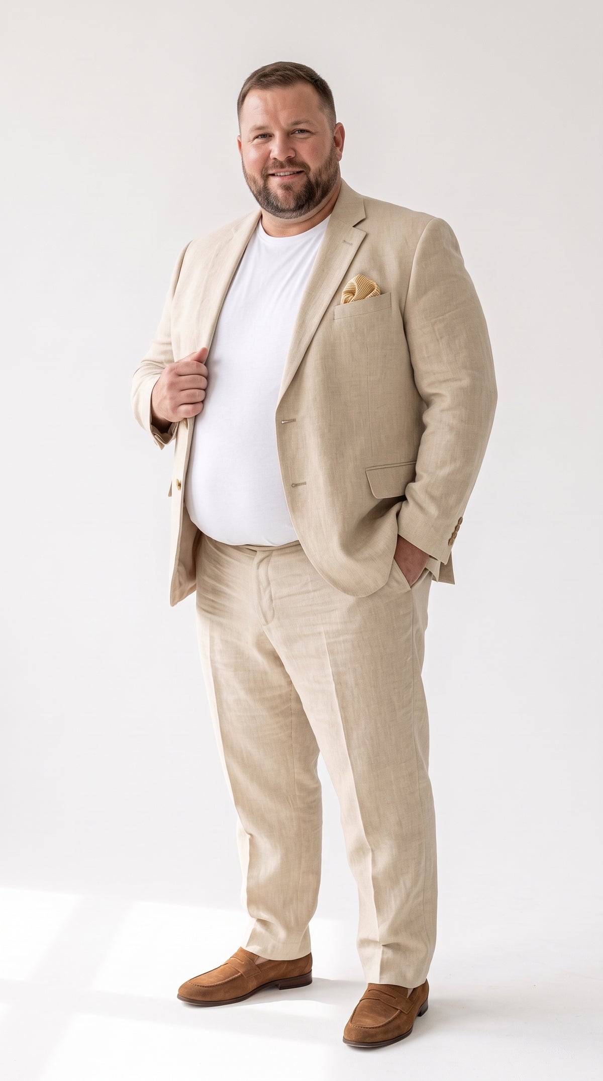 Men’s Tan Linen Blend 2 Piece Suit, Modern Fit Notch Lapel Summer Wedding Suit