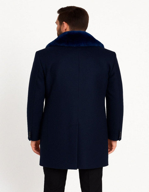 Mens Navy Wool Overcoat with Royal Blue Faux Fur Shawl Collar Cashmere Carcoat