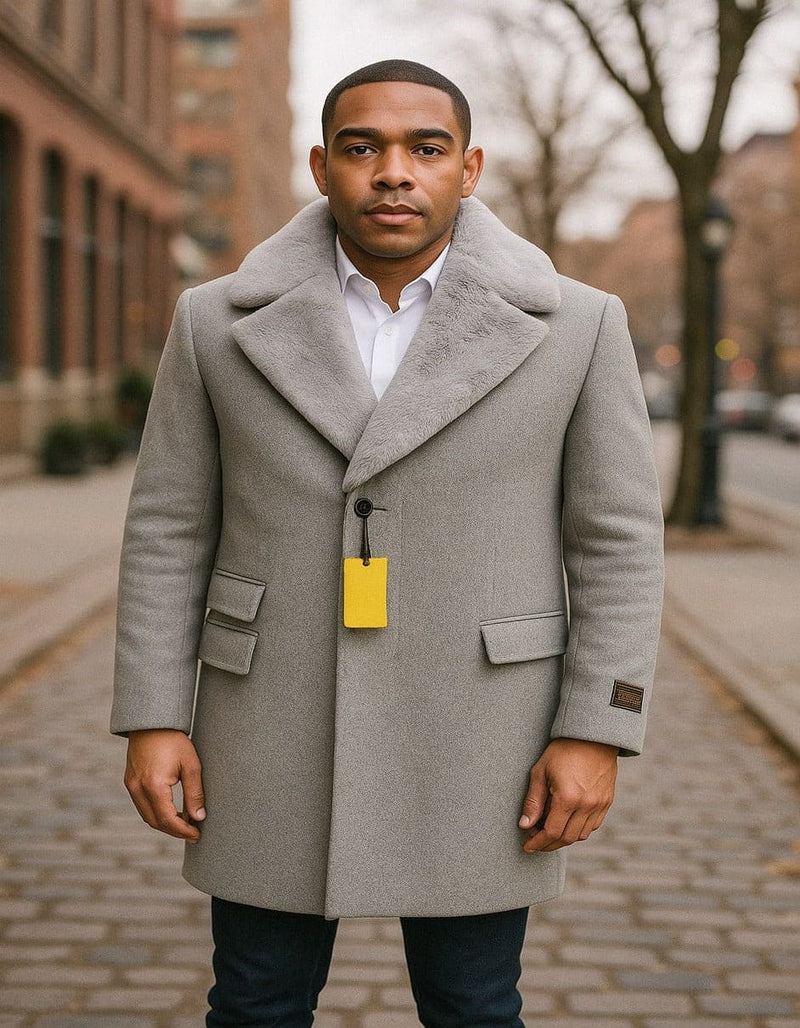 Mens Grey Wool Overcoat with Plush Faux Fur Shawl Collar - Winter Luxury Coat