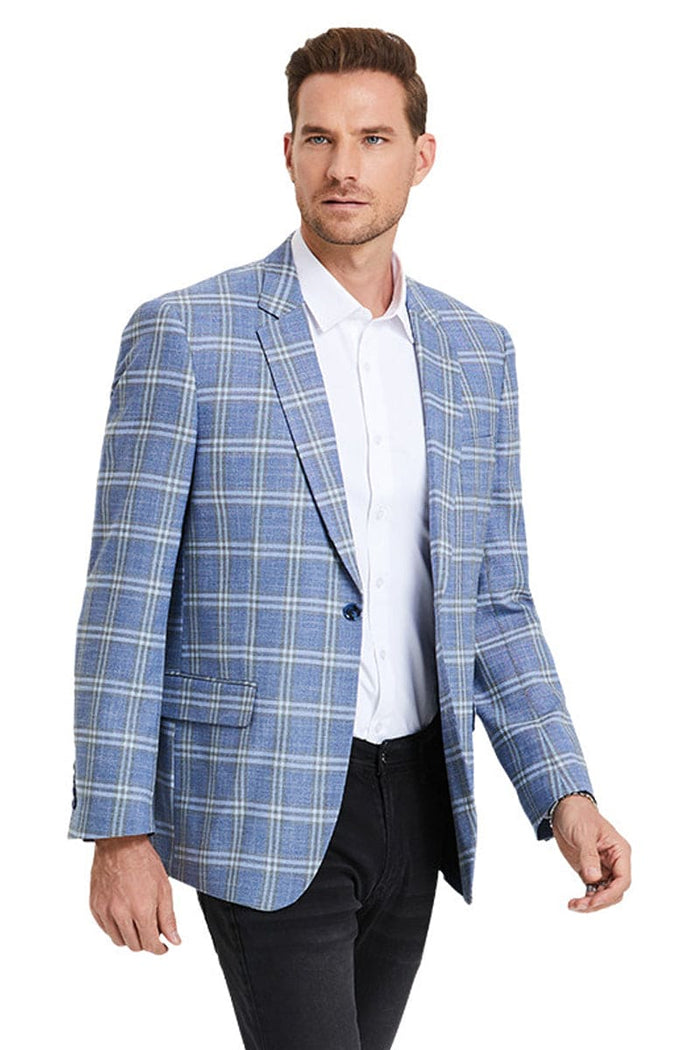 "Blue Double Windowpane Sport Coat - Men's Two Button Business Casual"
