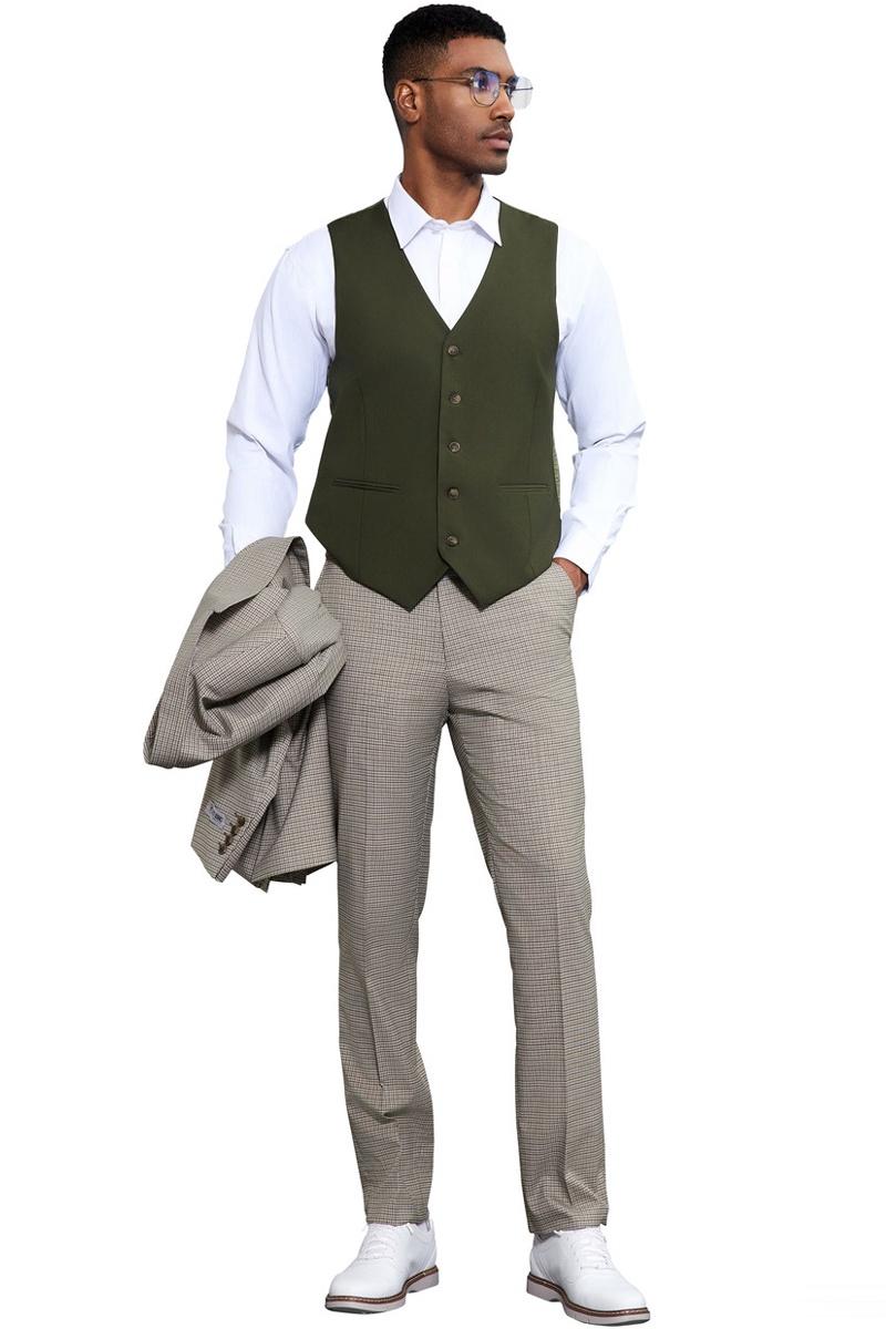 Olive green Stacy Adams men's vest with peak lapels, one button, and two pockets. Worn with white shirt, tan micro-check pants. Includes a matching light-colored suit jacket.
